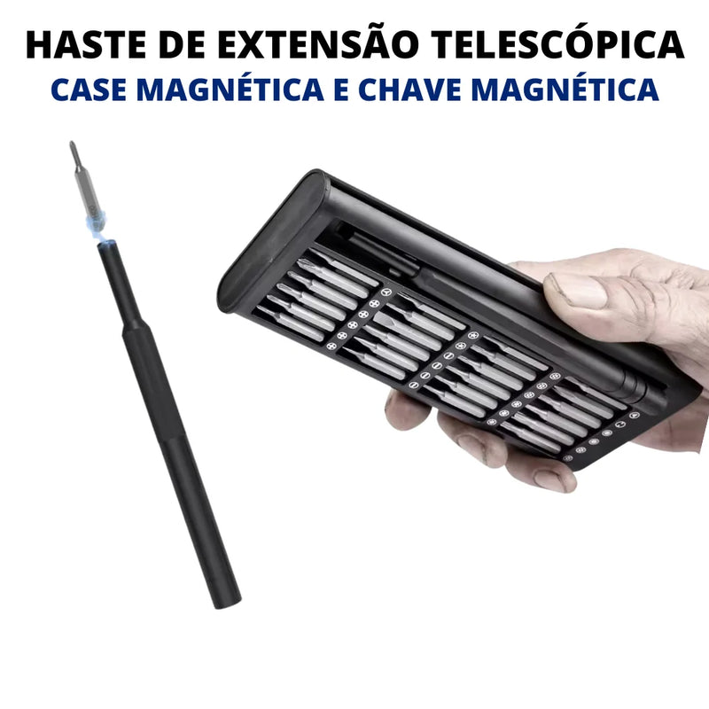 Kit de Ferramentas de Jogo de Precisão com 24 Peças Magnéticas, Chave + Caneta, com Estojo Organizador Preto.